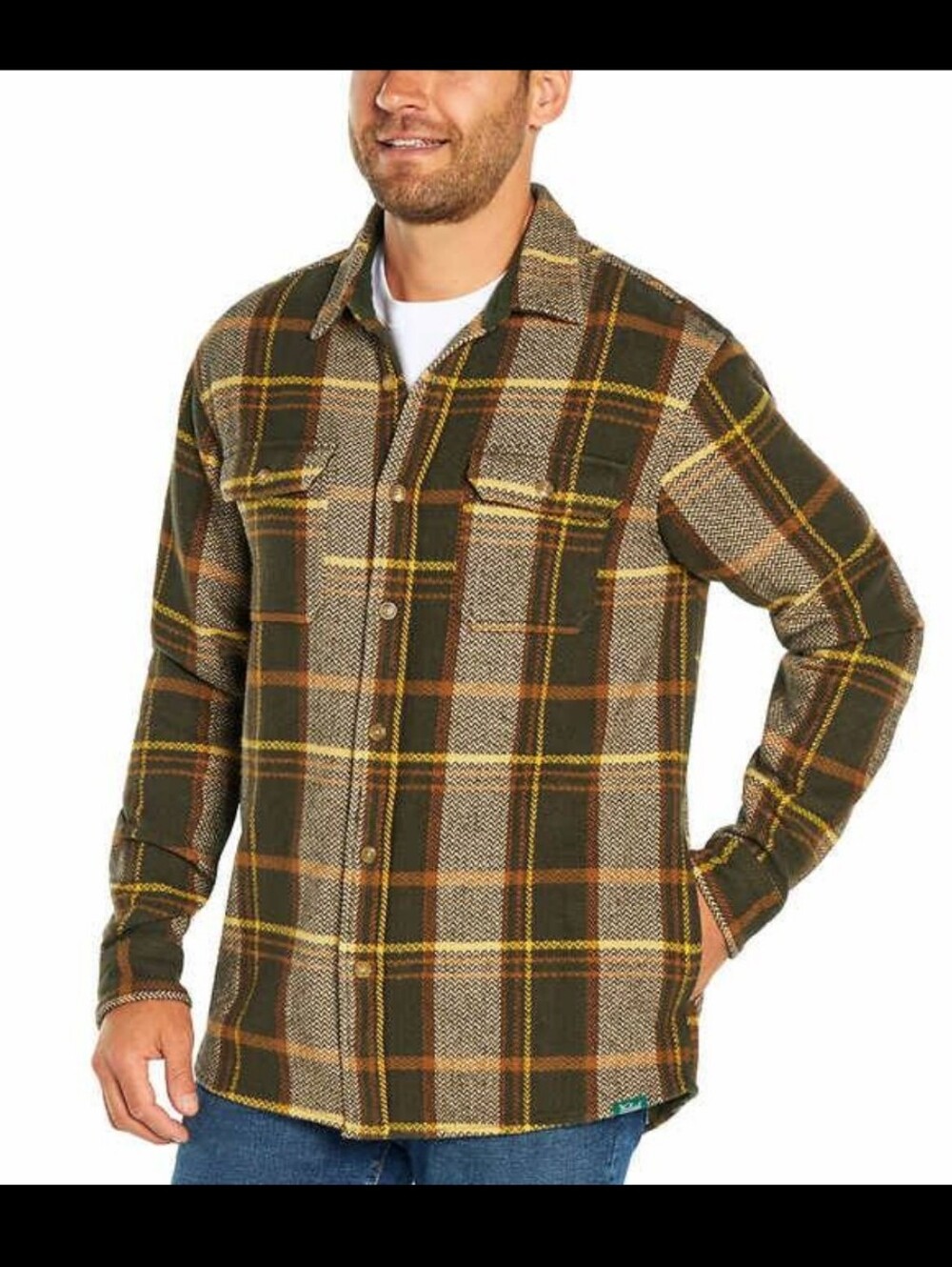 Woolrich Men's 100% Cotton Plaid Button-Up Shacket Flannel Green Brown Yellow